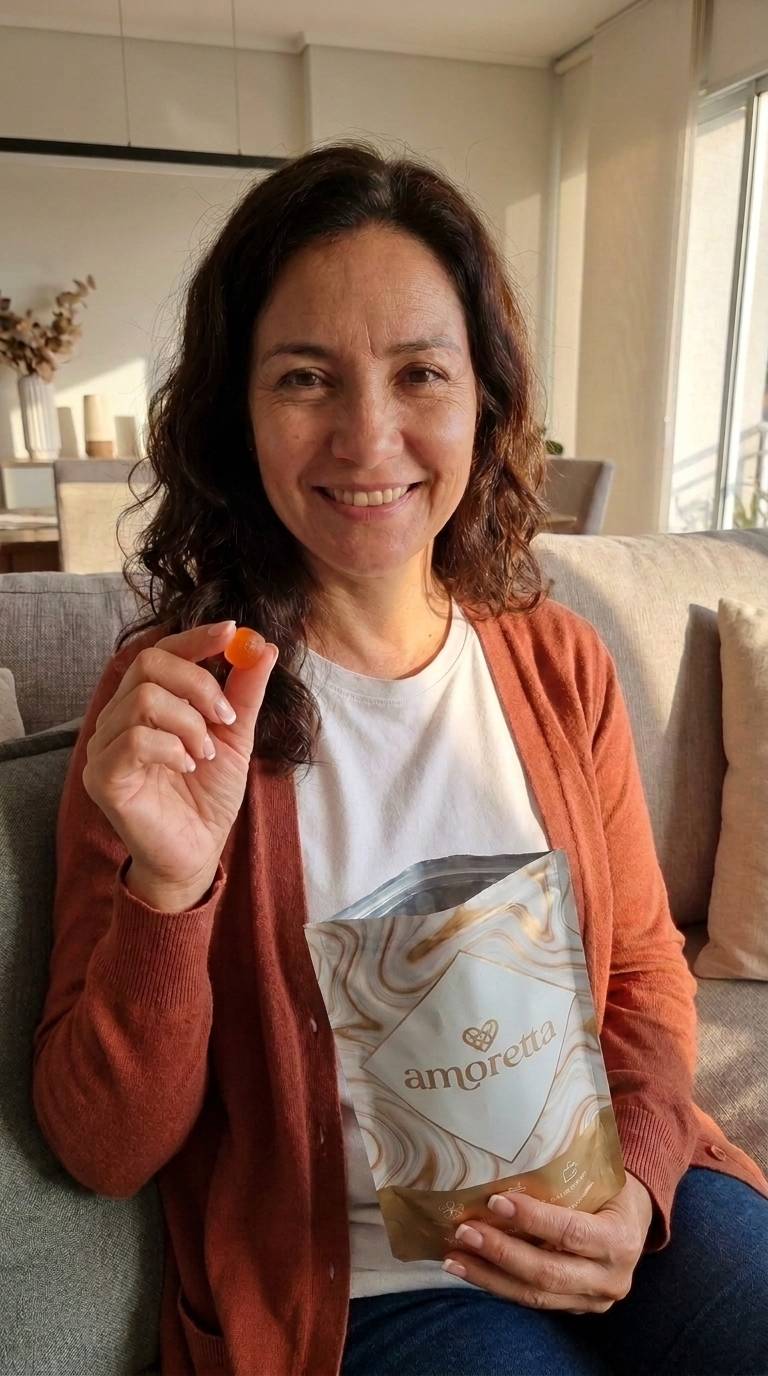 mujer ~47 años, cabello oscuro, sonriendo con naturalidad, aspecto cálido y cercano