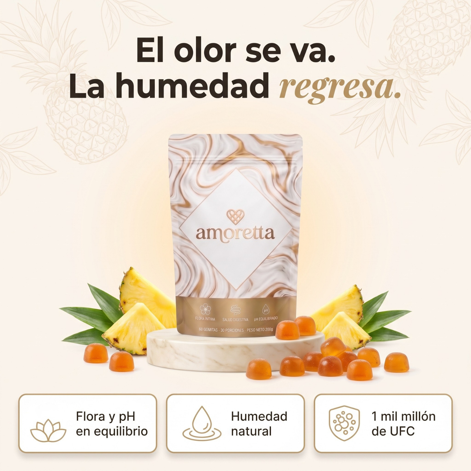Bolsa resellable de Amoretta 60 gomitas sabor piña sobre fondo blanco limpio