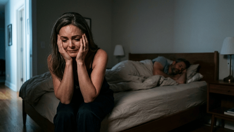 Mujer de 40 años sentada en la orilla de una cama, pensativa, de espaldas a su pareja